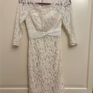 50s Style Knee Length White Lace Wiggle Dress, 3/4 Sleeve